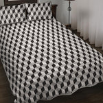 Grey Geometric Cube Shape Pattern Print Quilt Bed Set