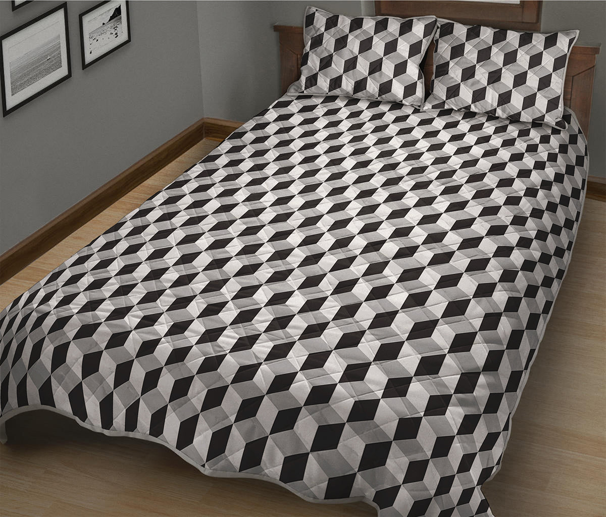Grey Geometric Cube Shape Pattern Print Quilt Bed Set