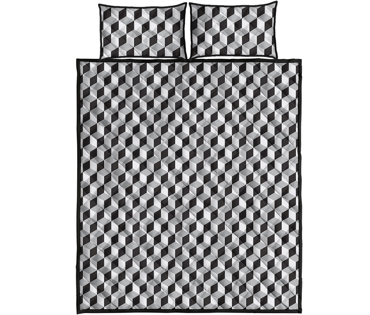 Grey Geometric Cube Shape Pattern Print Quilt Bed Set