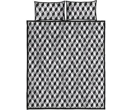 Grey Geometric Cube Shape Pattern Print Quilt Bed Set