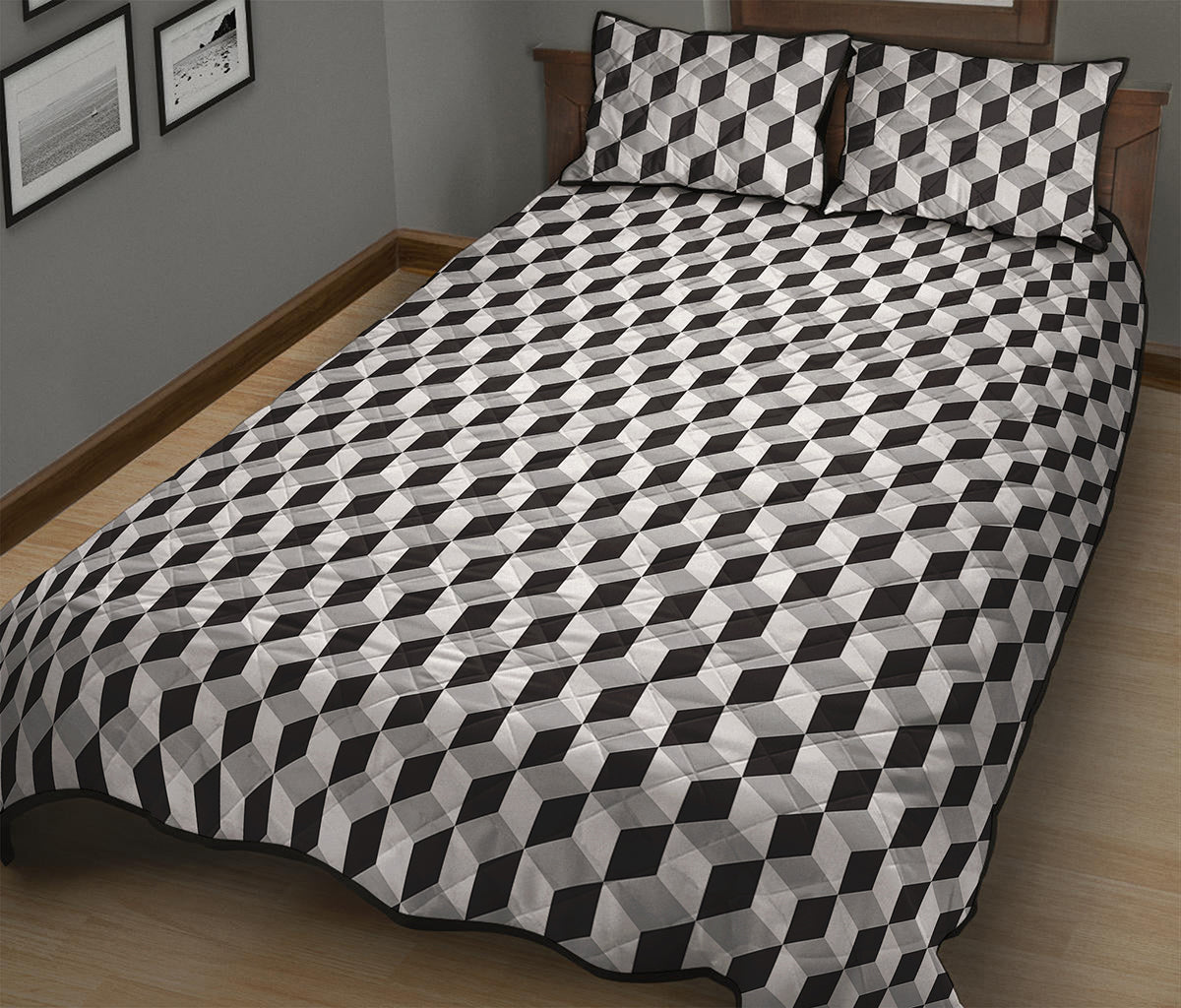 Grey Geometric Cube Shape Pattern Print Quilt Bed Set
