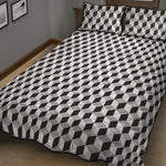 Grey Geometric Cube Shape Pattern Print Quilt Bed Set
