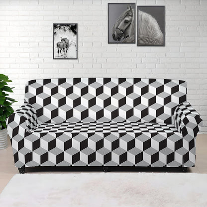 Grey Geometric Cube Shape Pattern Print Sofa Cover