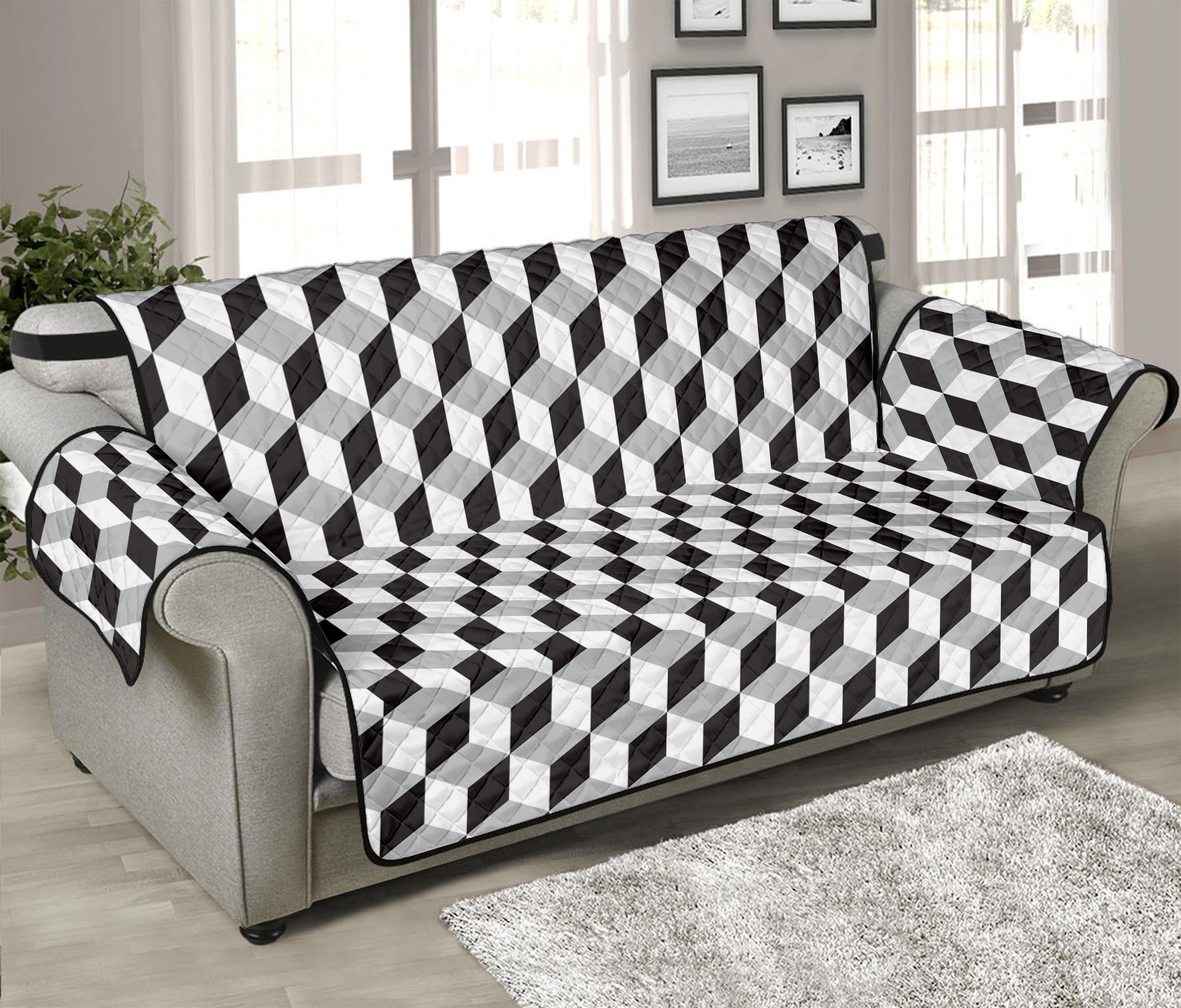 Grey Geometric Cube Shape Pattern Print Sofa Protector