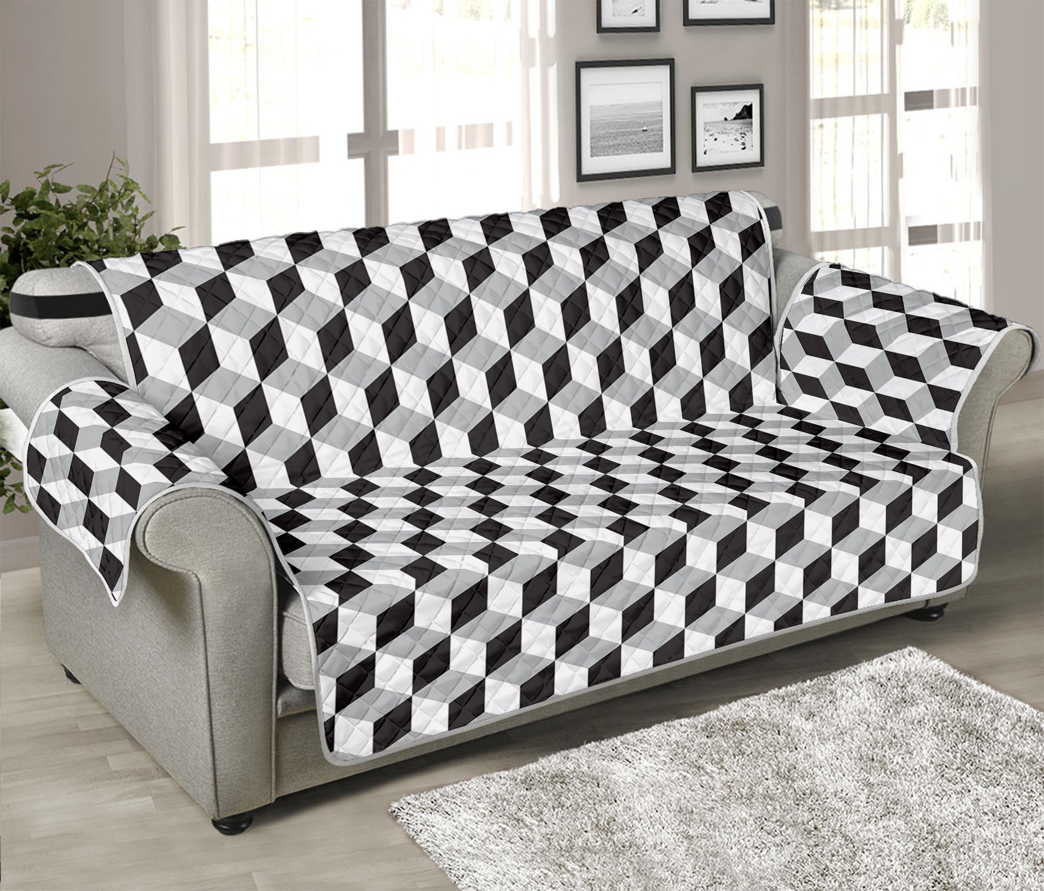 Grey Geometric Cube Shape Pattern Print Sofa Protector