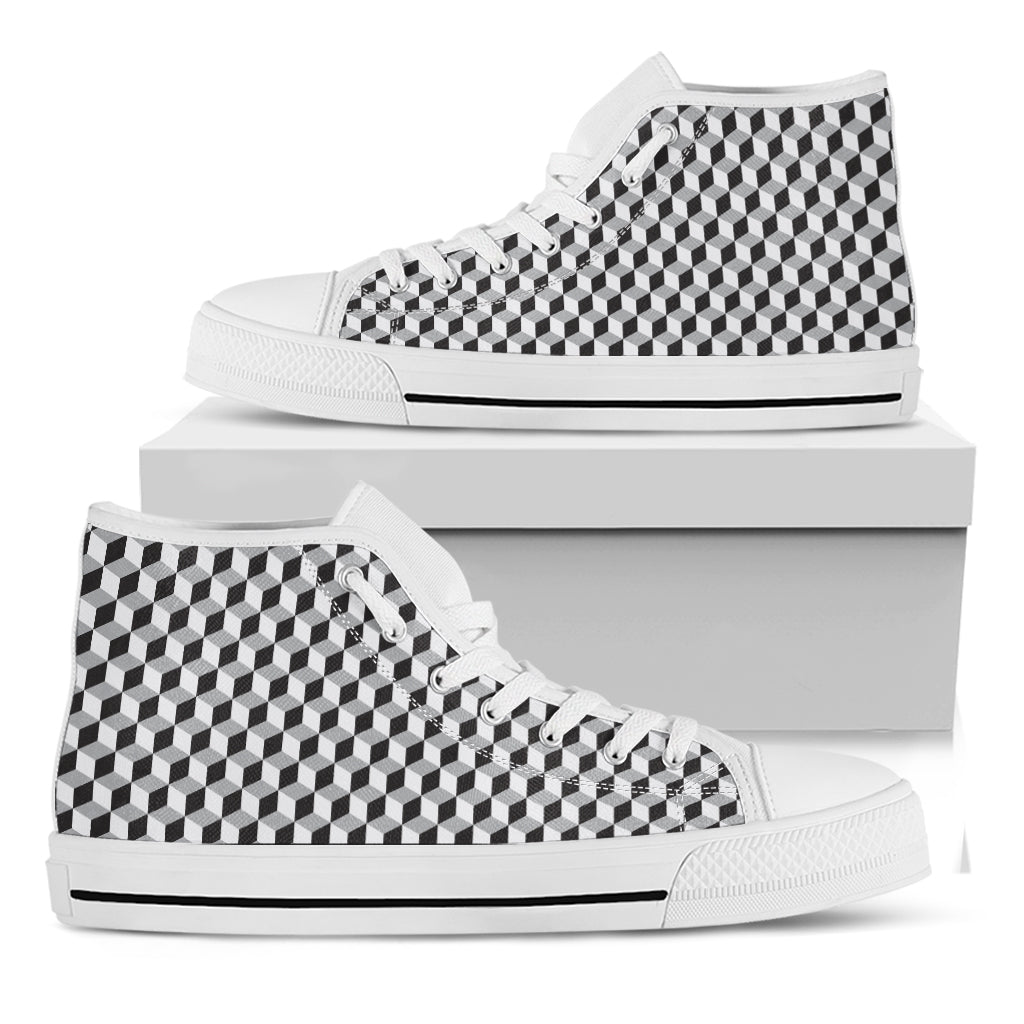 Grey Geometric Cube Shape Pattern Print White High Top Shoes