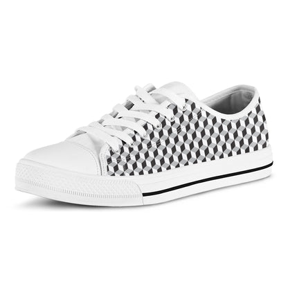 Grey Geometric Cube Shape Pattern Print White Low Top Shoes