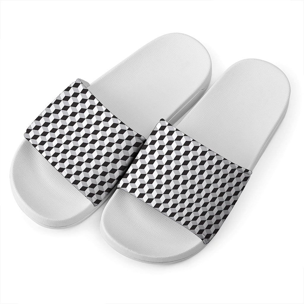 Grey Geometric Cube Shape Pattern Print White Slide Sandals