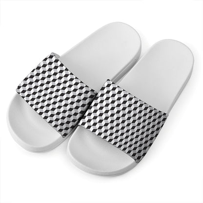 Grey Geometric Cube Shape Pattern Print White Slide Sandals