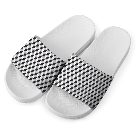 Grey Geometric Cube Shape Pattern Print White Slide Sandals