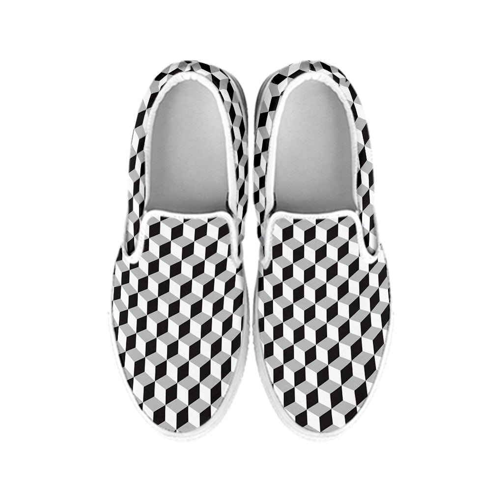Grey Geometric Cube Shape Pattern Print White Slip On Shoes