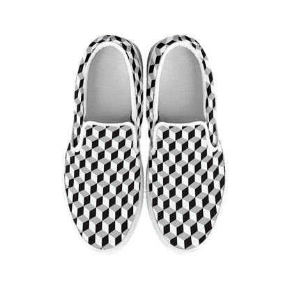 Grey Geometric Cube Shape Pattern Print White Slip On Shoes