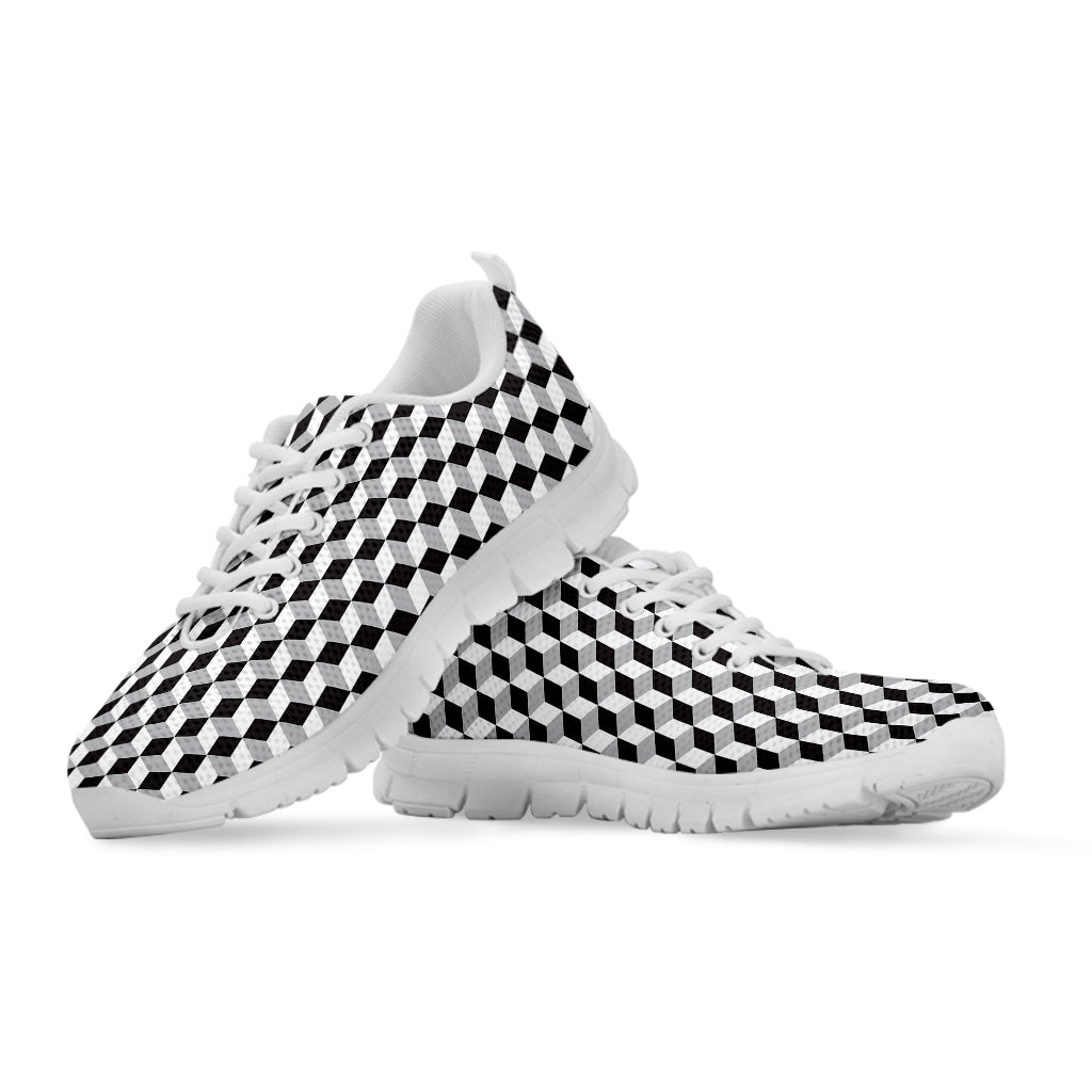 Grey Geometric Cube Shape Pattern Print White Sneakers