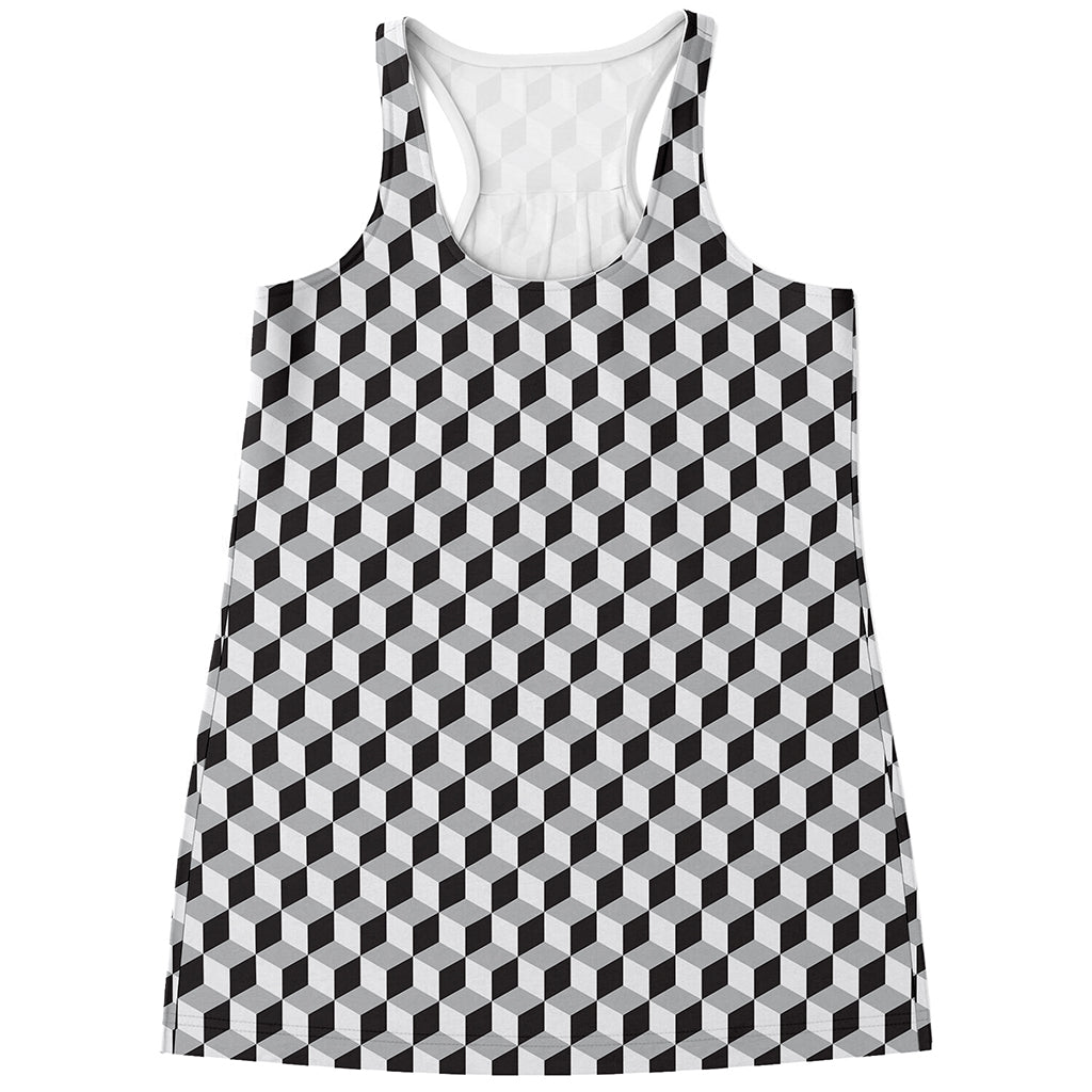 Grey Geometric Cube Shape Pattern Print Women's Racerback Tank Top