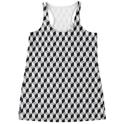 Grey Geometric Cube Shape Pattern Print Women's Racerback Tank Top