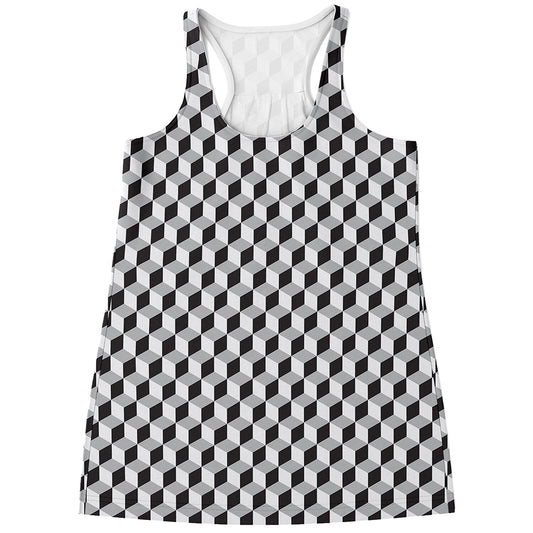 Grey Geometric Cube Shape Pattern Print Women's Racerback Tank Top