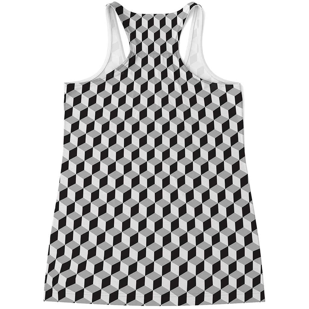 Grey Geometric Cube Shape Pattern Print Women's Racerback Tank Top