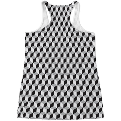 Grey Geometric Cube Shape Pattern Print Women's Racerback Tank Top