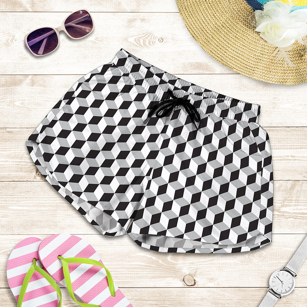 Grey Geometric Cube Shape Pattern Print Women's Shorts