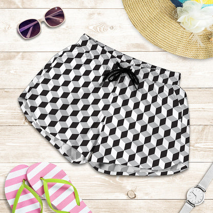 Grey Geometric Cube Shape Pattern Print Women's Shorts