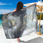Grey Gold Liquid Marble Print Beach Sarong Wrap