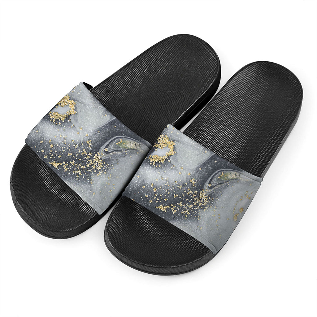 Grey Gold Liquid Marble Print Black Slide Sandals