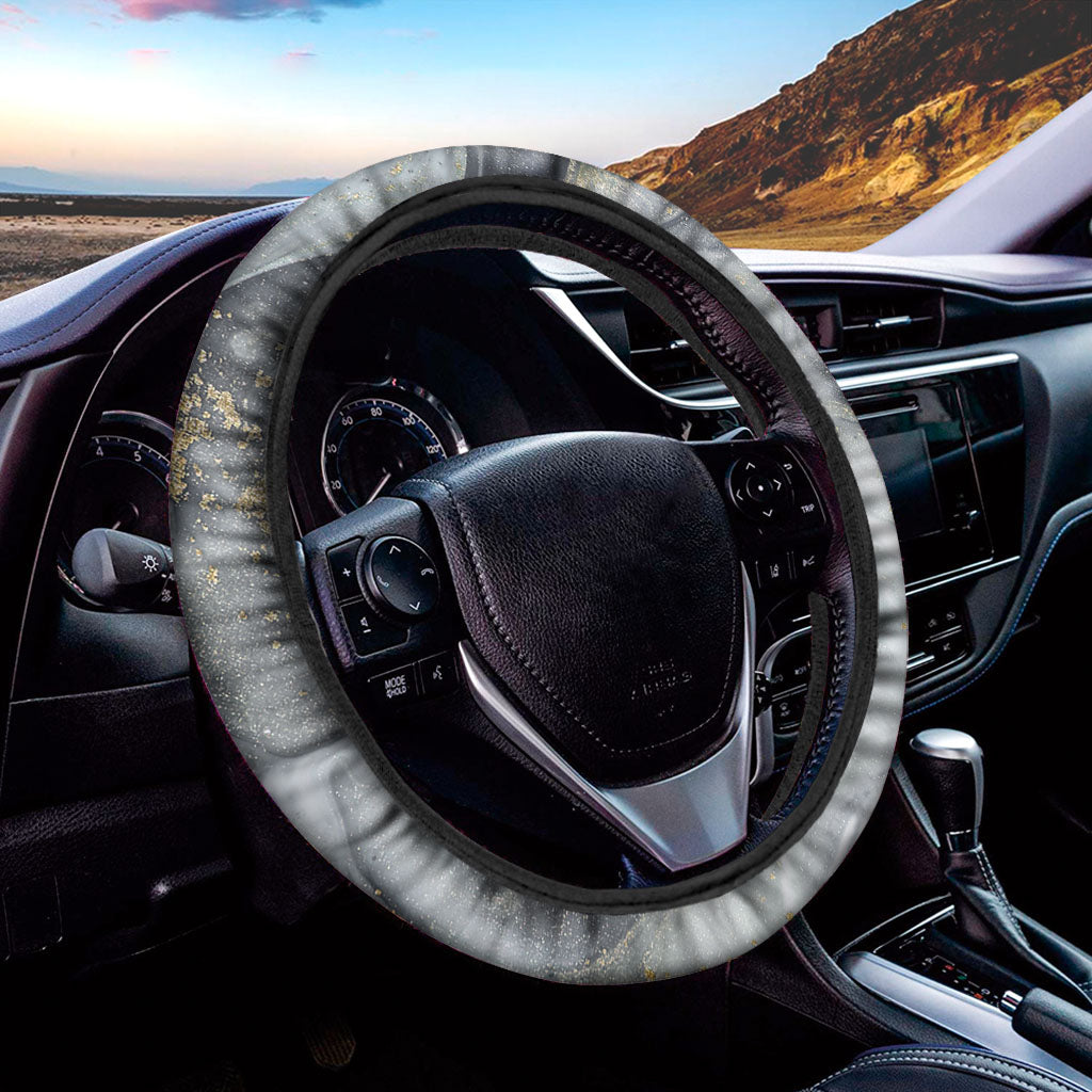 Grey Gold Liquid Marble Print Car Steering Wheel Cover