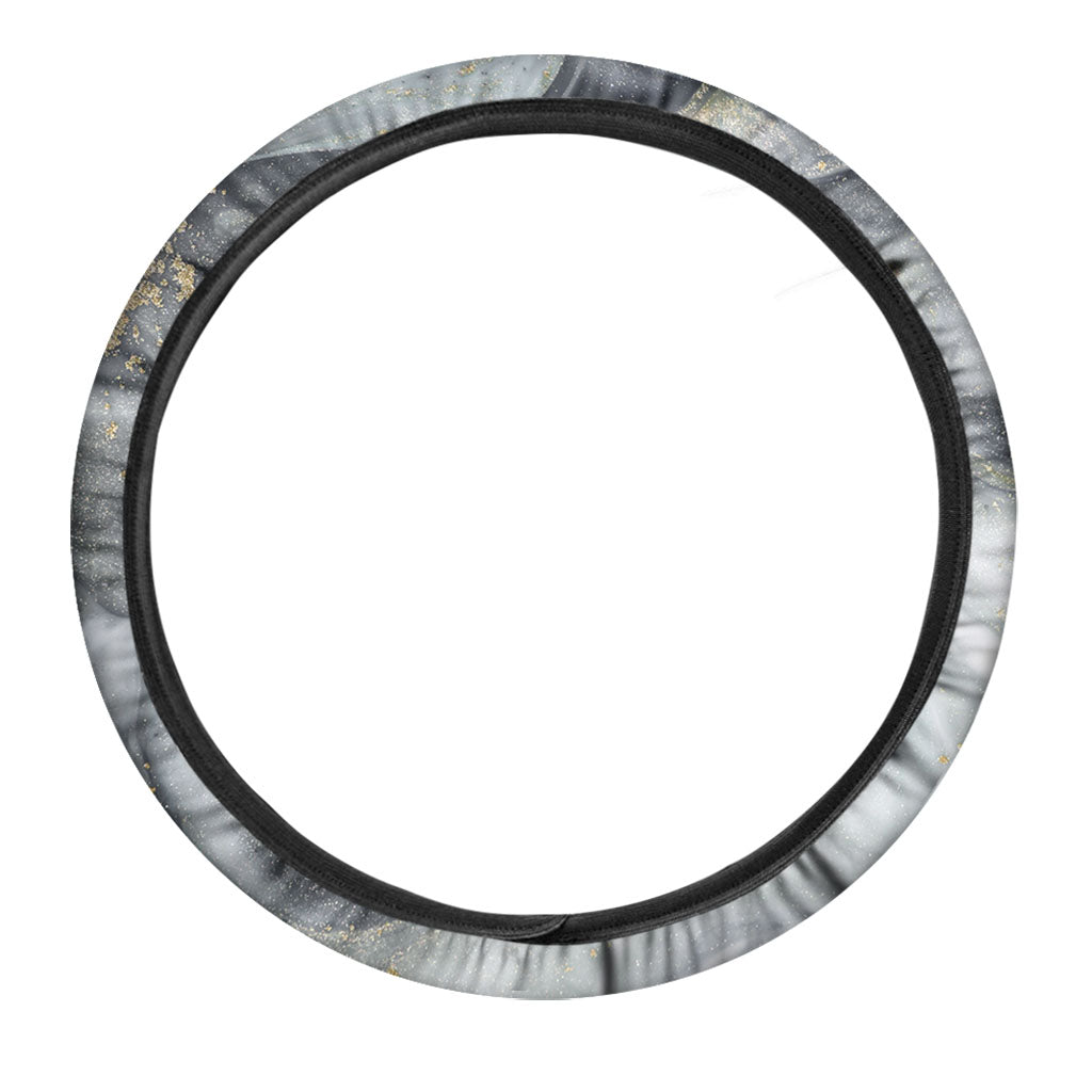 Grey Gold Liquid Marble Print Car Steering Wheel Cover
