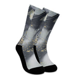 Grey Gold Liquid Marble Print Crew Socks