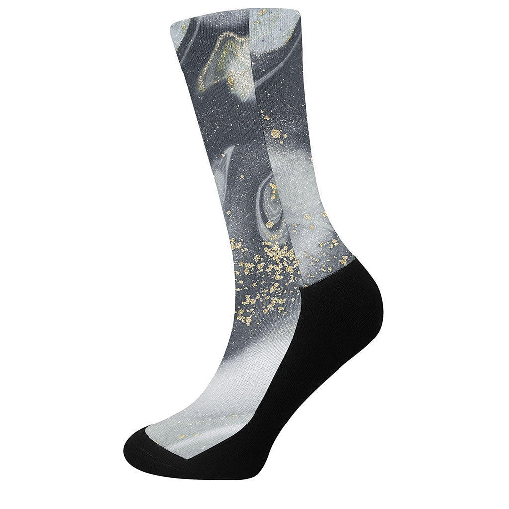 Grey Gold Liquid Marble Print Crew Socks