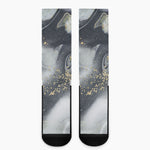 Grey Gold Liquid Marble Print Crew Socks