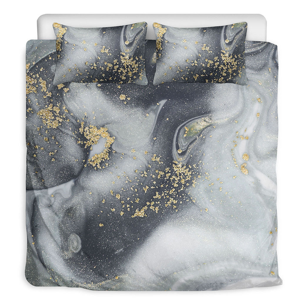 Grey Gold Liquid Marble Print Duvet Cover Bedding Set