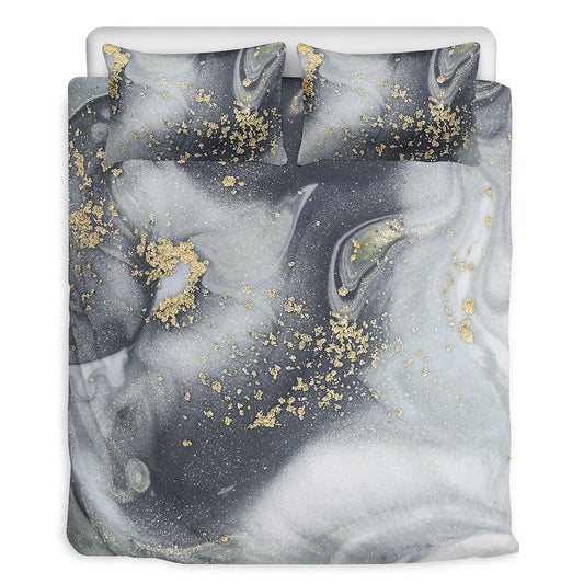 Grey Gold Liquid Marble Print Duvet Cover Bedding Set