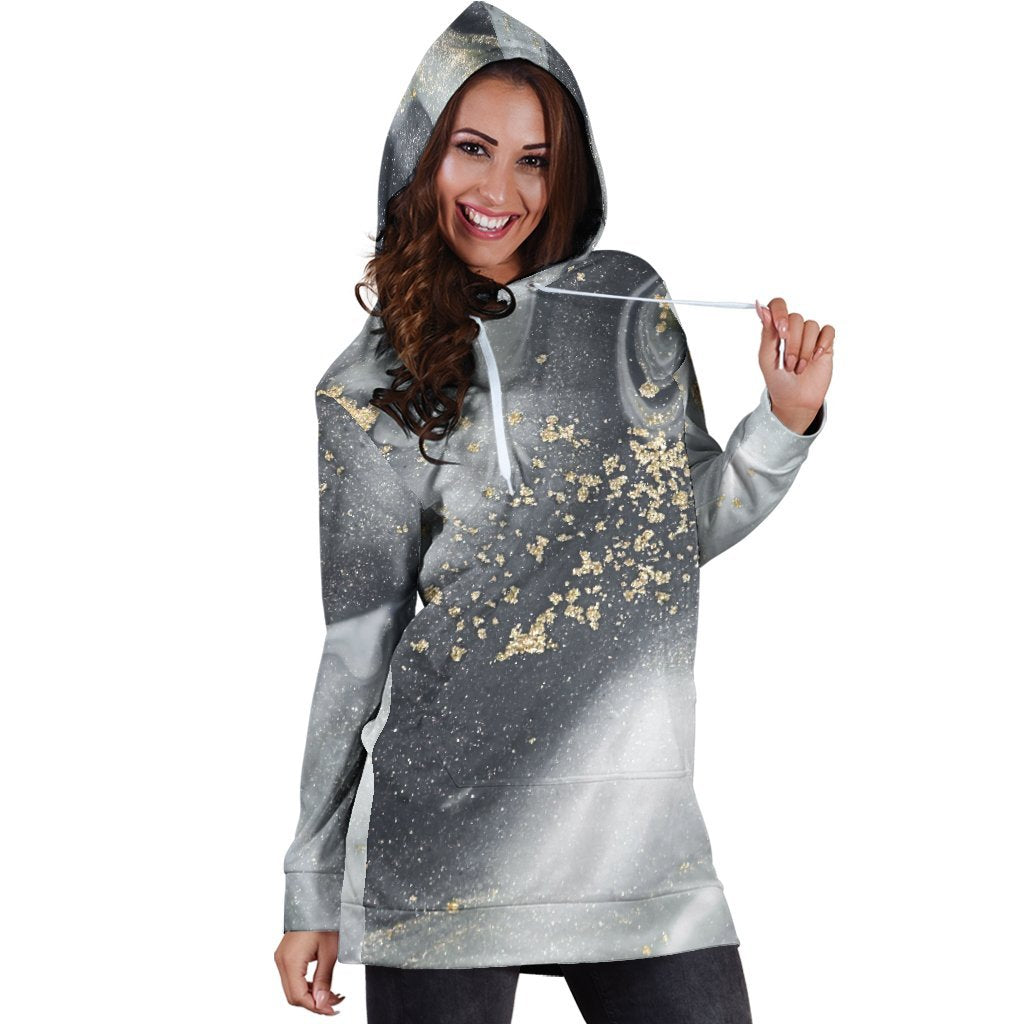Grey Gold Liquid Marble Print Hoodie Dress GearFrost