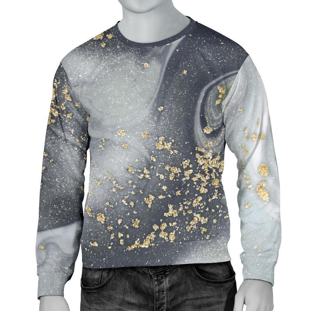 Grey Gold Liquid Marble Print Men's Crewneck Sweatshirt GearFrost