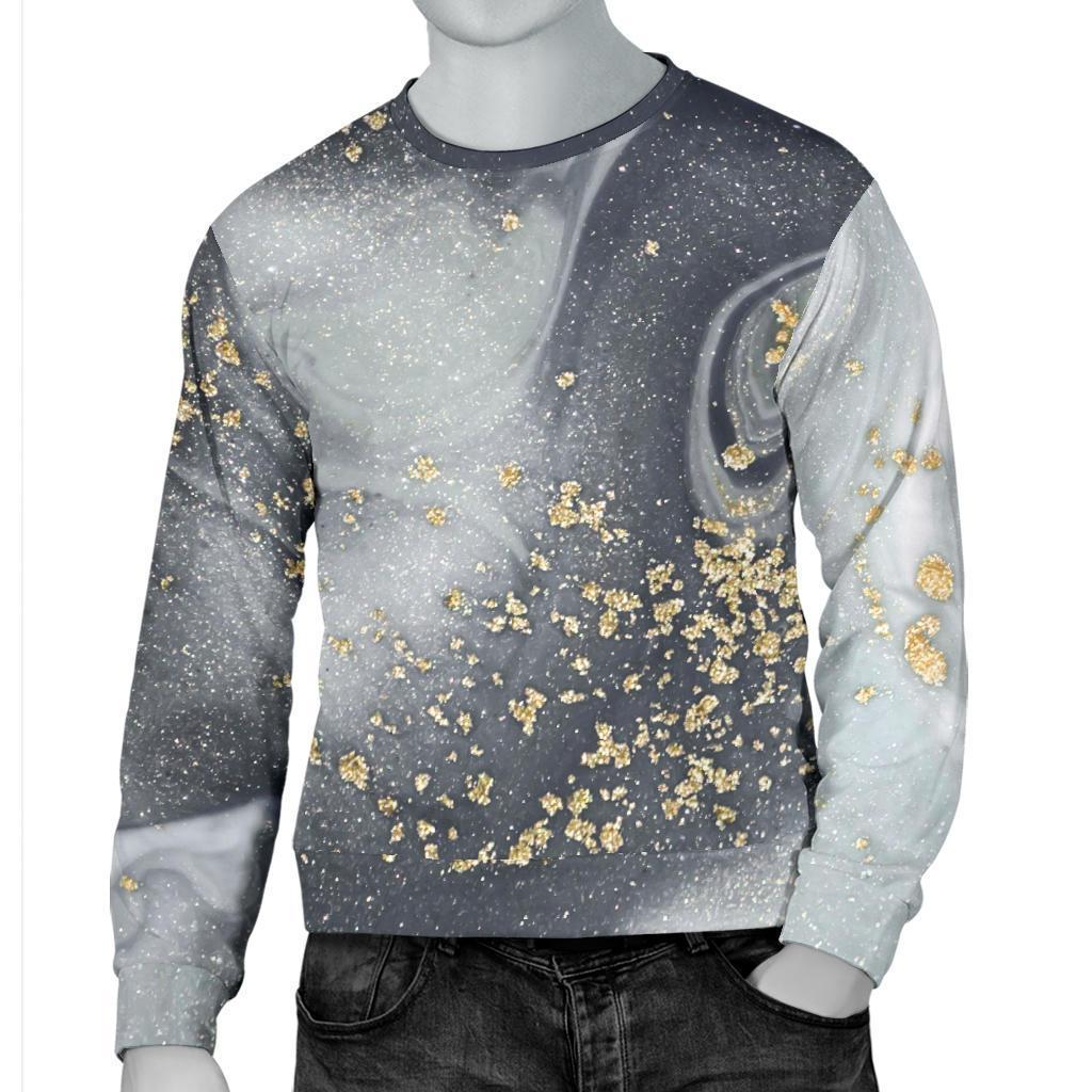 Grey Gold Liquid Marble Print Men's Crewneck Sweatshirt GearFrost