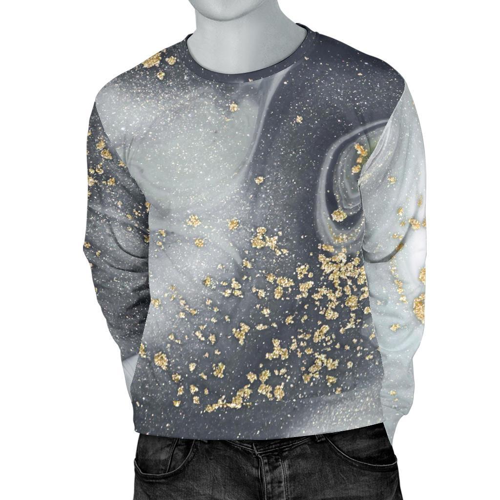 Grey Gold Liquid Marble Print Men's Crewneck Sweatshirt GearFrost