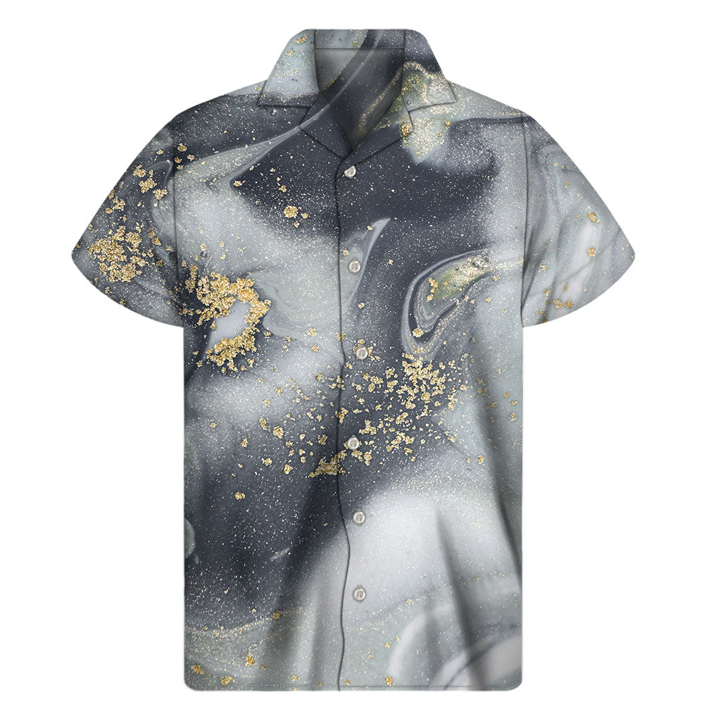 Grey Gold Liquid Marble Print Men's Short Sleeve Shirt