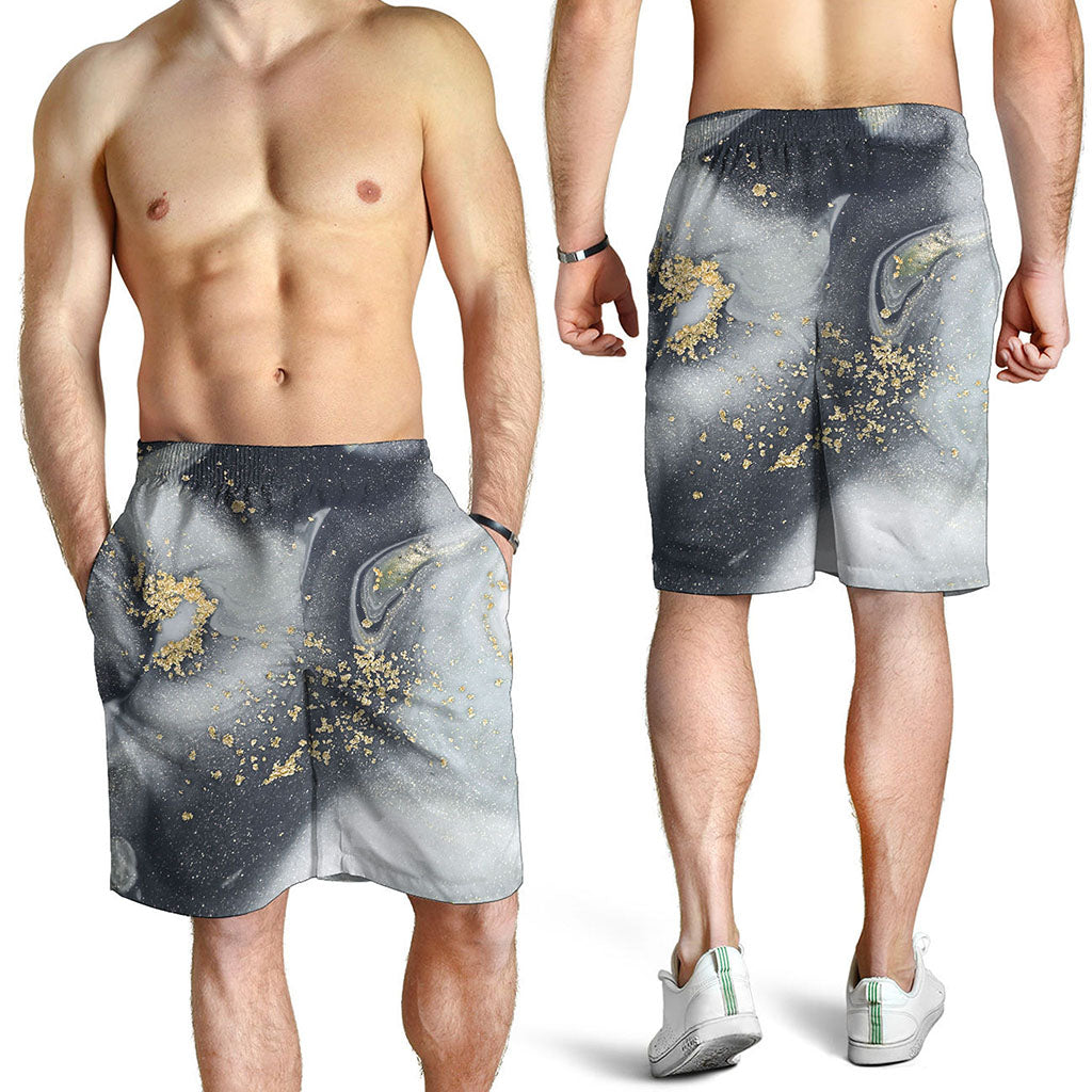 Grey Gold Liquid Marble Print Men's Shorts