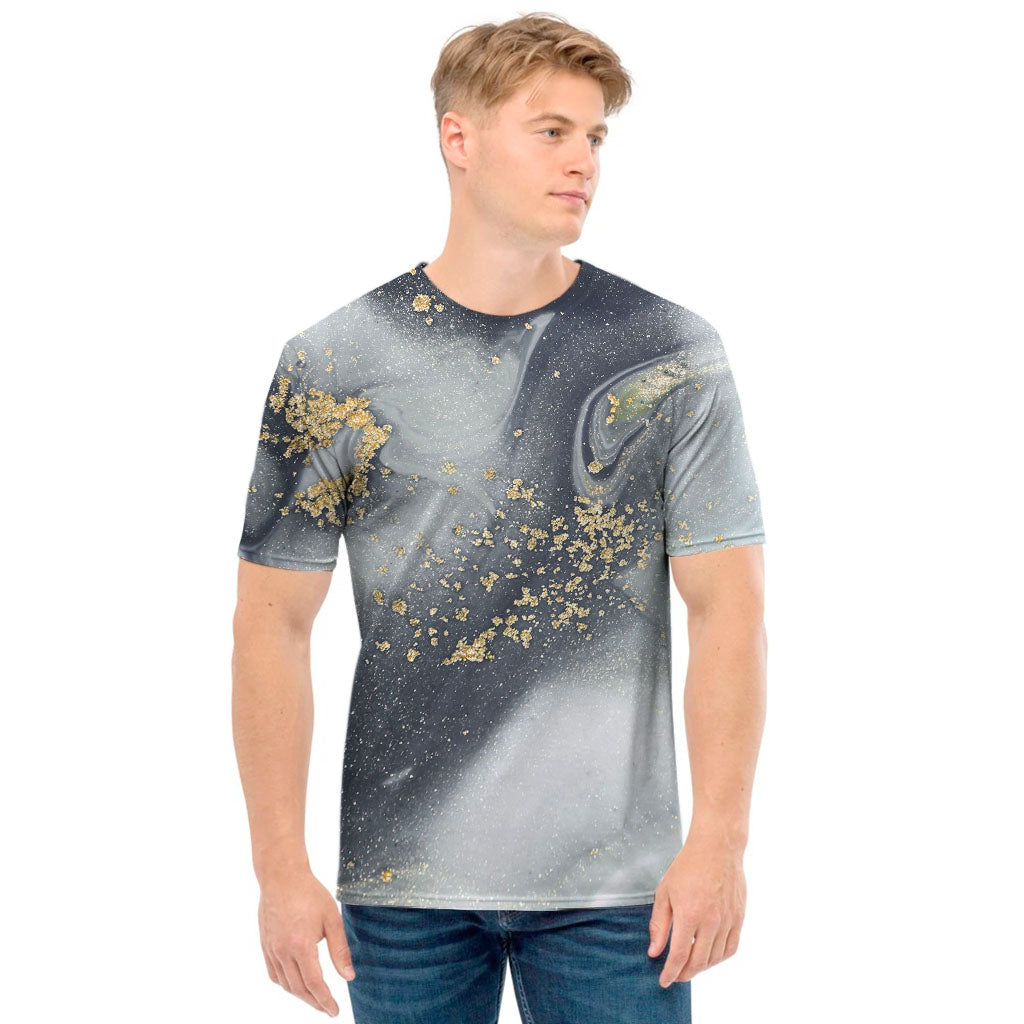 Grey Gold Liquid Marble Print Men's T-Shirt