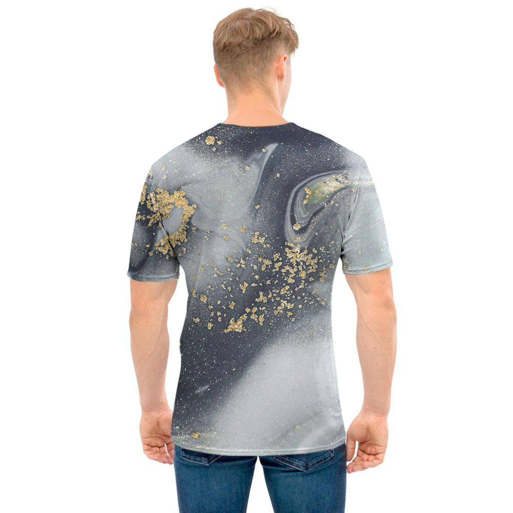 Grey Gold Liquid Marble Print Men's T-Shirt