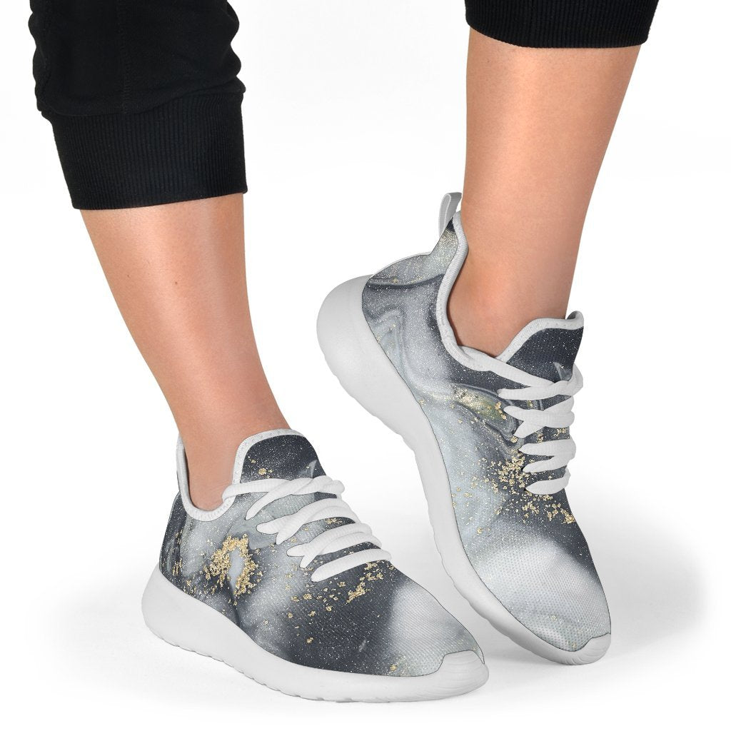 Grey Gold Liquid Marble Print Mesh Knit Shoes GearFrost