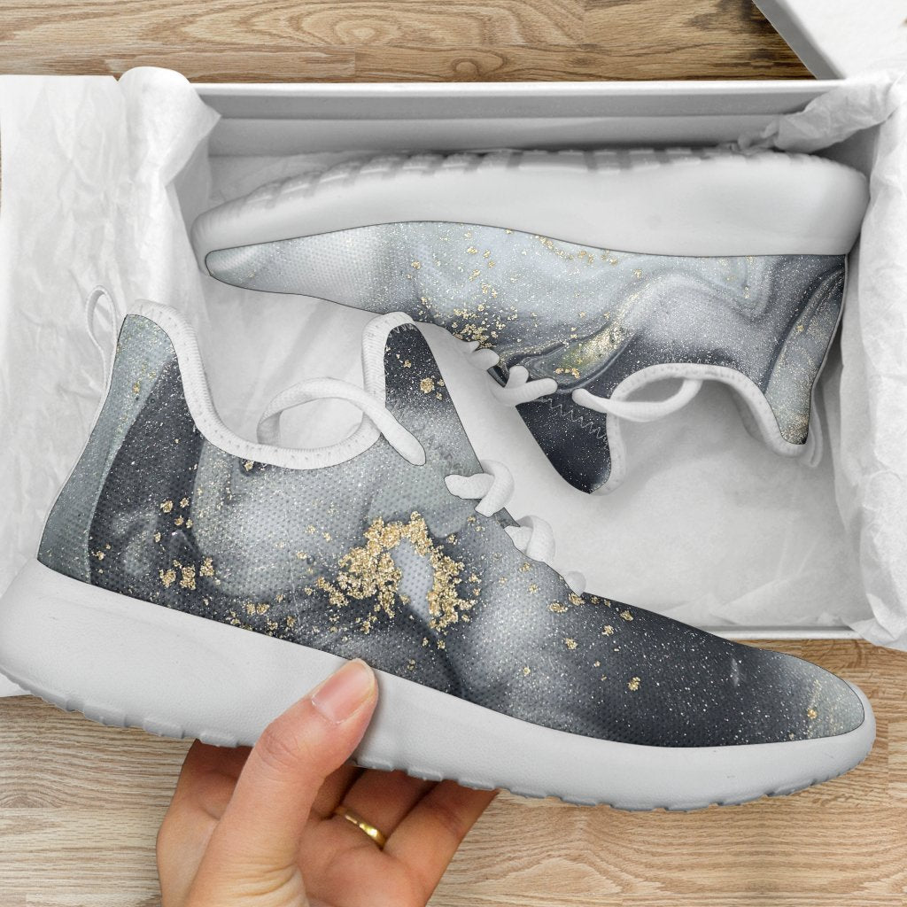 Grey Gold Liquid Marble Print Mesh Knit Shoes GearFrost