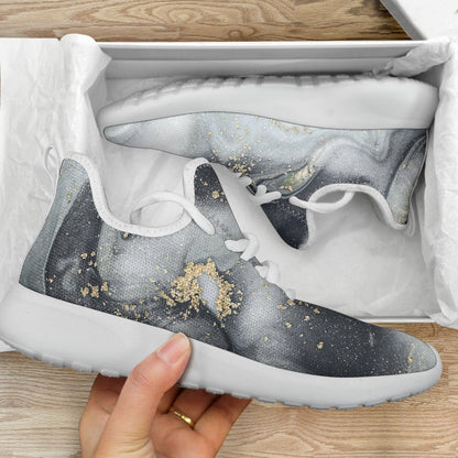 Grey Gold Liquid Marble Print Mesh Knit Shoes GearFrost