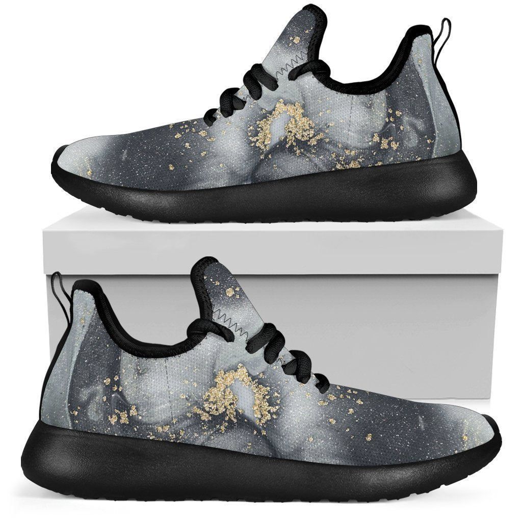 Grey Gold Liquid Marble Print Mesh Knit Shoes GearFrost