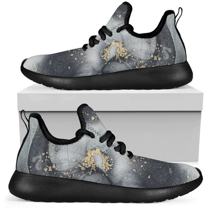 Grey Gold Liquid Marble Print Mesh Knit Shoes GearFrost