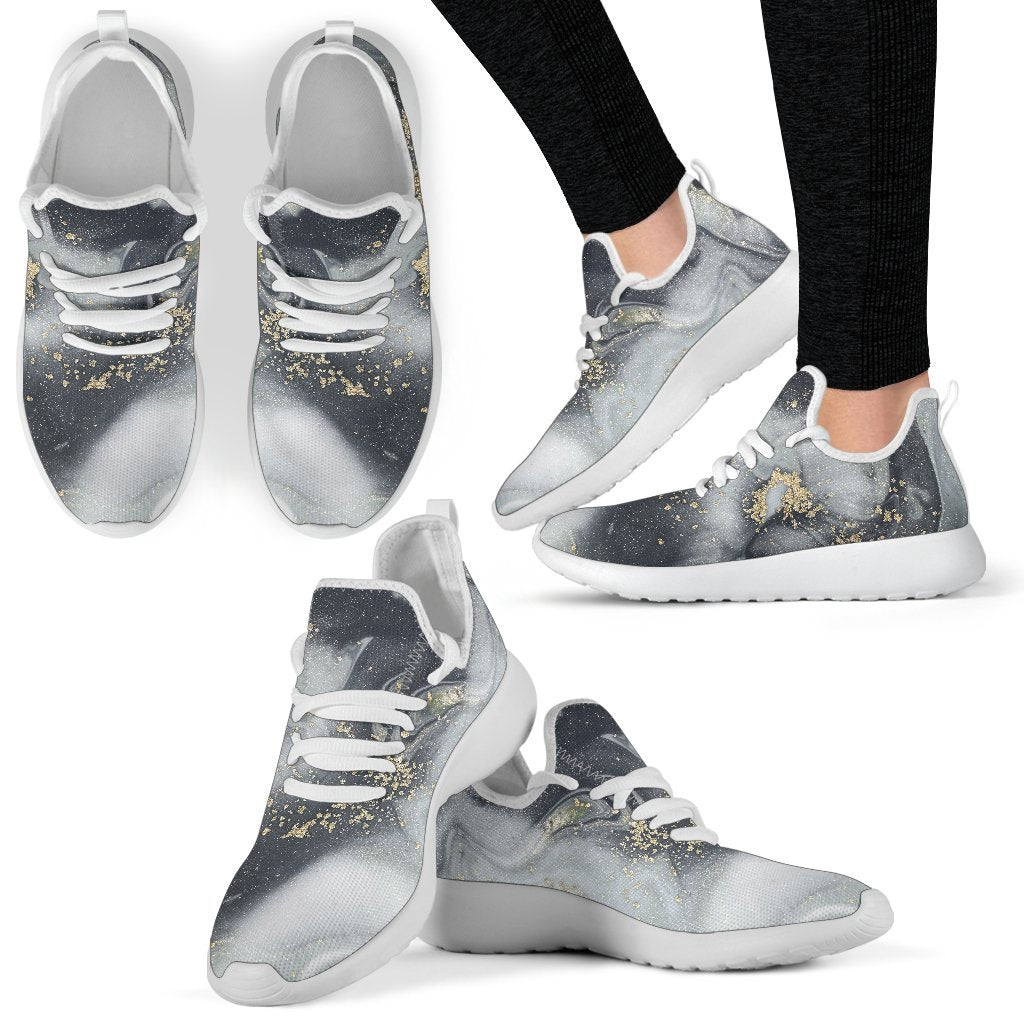 Grey Gold Liquid Marble Print Mesh Knit Shoes GearFrost