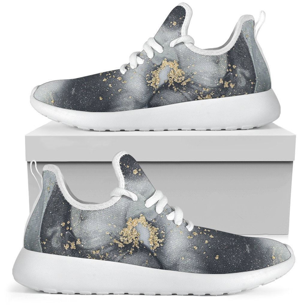 Grey Gold Liquid Marble Print Mesh Knit Shoes GearFrost