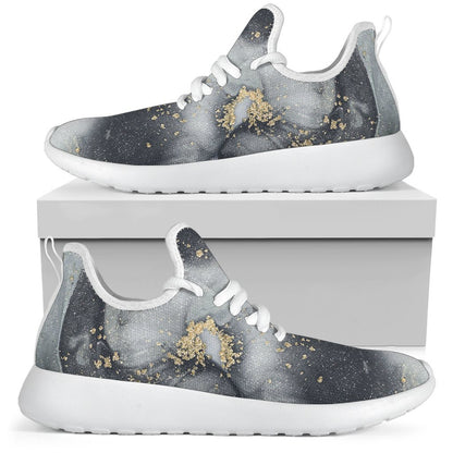 Grey Gold Liquid Marble Print Mesh Knit Shoes GearFrost