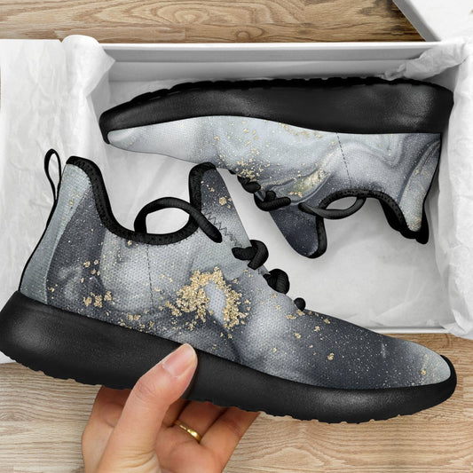 Grey Gold Liquid Marble Print Mesh Knit Shoes GearFrost